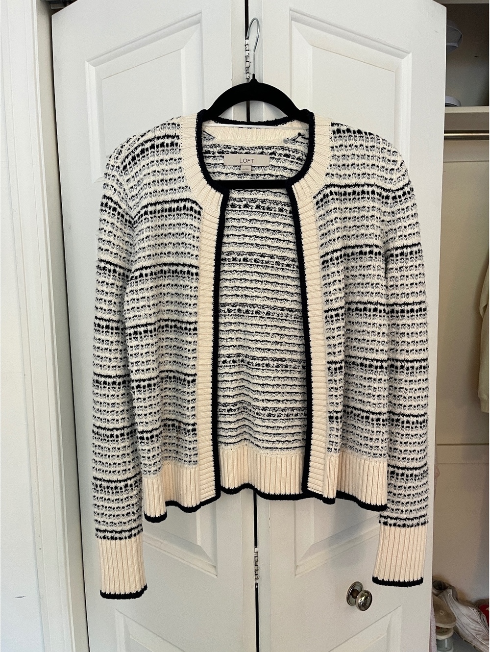 LOFT Women's XS Black and White Striped Knit Cardigan Sweater
